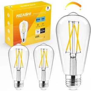 Hizashi Vintage LED Edison Bulb Dimmable, 6W Equivalent 60W, 3000k Soft White, E26 Base Led Light Bulbs, 700LM, UL Listed, High CRI 95+ Eye Protection, Clear Glass, Pack of 3