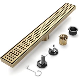 32-Inch Brushed Gold Linear Shower Drain, 304 Stainless Steel Long Linear Drain with Quadrato Pattern Grate, Rectangle Shower Floor Drain with Adjustable Feet, Hair Strainer, Fits Bathroom, Balcony