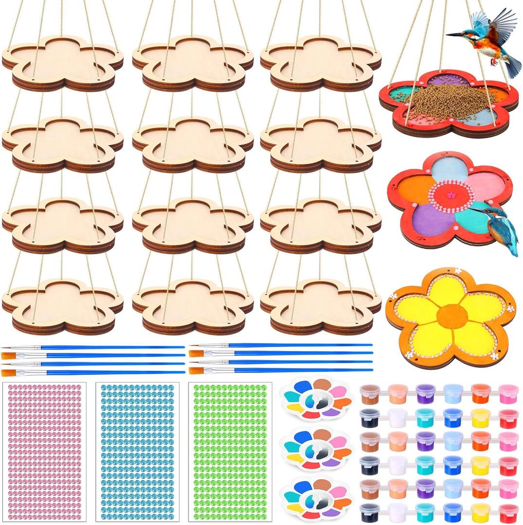 Czlotyh 12 Pack Bird Feeder Craft Kits for Kids Wood Painting DIY Your Own Unfinished Wooden Ornaments Gifts for Nature Loving Kids