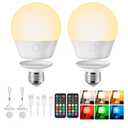 Brightown E26 Rechargeable Light Bulb with Remote and Timer, Battery Backup Bulb for Sconces and Lamps, Magnetic Bulbs for Non-Hardwired Fixture, 3 Color Temperatures + 9 RGB Colors, Dimmable, 2 Pack