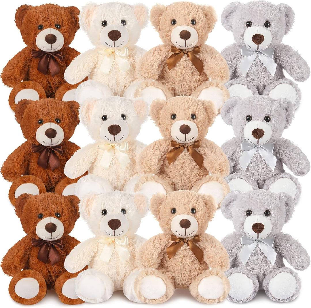 12 Pcs 14 Inch Valentine's Day Bear Stuffed Animal Bulk Gifts Bulk Soft Plush Stuffed Bear for Bridal Anniversary Centerpiece Baby Shower Party Favor (Light Brown, Dark Brown, White, Grey)