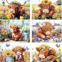 Harloon 6 Pack Christmas Highland Cow Diamond Art Set for Adults Beginners Cow Gift 5d DIY Diamond Painting Art Set Flower with Round Gem for Home Wall Decor(Floral)