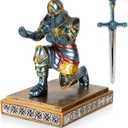 MACLARONX Kneeling Knight Pen Holder with Sword Medieval Warrior Fancy Pencil Stand for Office Desk Home Decor for Men Father Husband Armor Soldier Statue