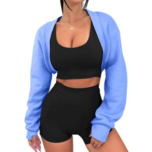 Remidoo Women's Bolero Shrug Sweatshirt Open Front Long Sleeve Crop Top With Thumb Hole Blue Medium (Blue, M)