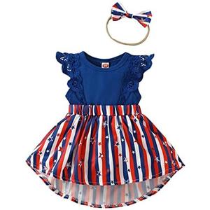 Guodeunh Newborn Baby Girl 4th of July Dress Independence Day Outfit Ruffle Lace Romper Sleeveless Top Star Stripe Skirt Set Size 3-6 Months