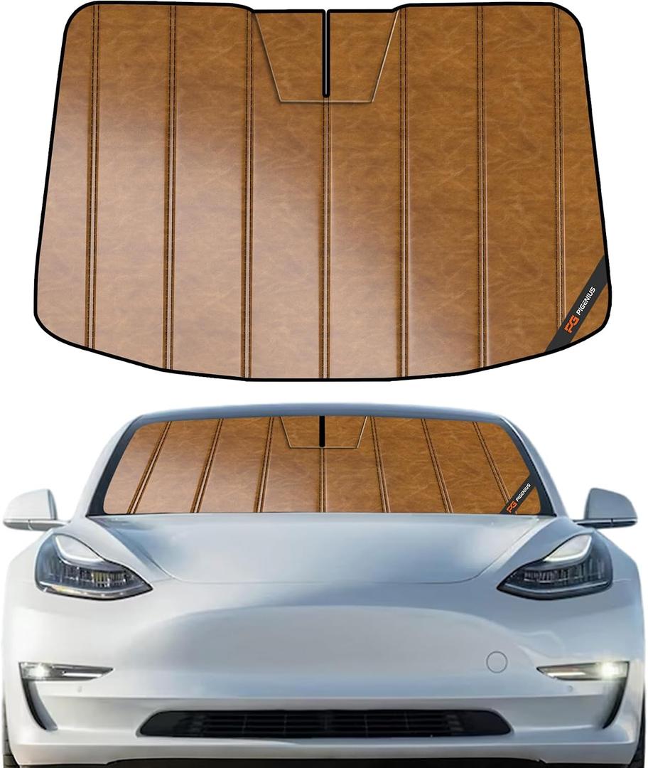 Pigenius Windshield Sun Shade for Tesla Model 3 2018-2026, Model Y 2020-2025 Old Body Style, Custom Front Window Sunshade - Leather