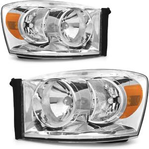 Headlight Assembly for 2006 2007 2008 2009 Dodge Ram Headlamp for 2006-2008 Dodge Ram 1500/2006-2009 Dodge Ram 2500 3500 with Chrome Housing Fit W/O Bottom Amber Colored Bar (Chrome Housing Amber Reflector)