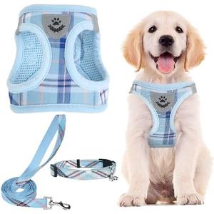 PUPTECK Adjustable Dog Harness Collar and Leash Set Step in No Pull Pet Harness for Small Medium Dogs Puppy and Cats Outdoor Walking Running, Soft Mesh Padded Reflective Vest Harnesses, Blue L