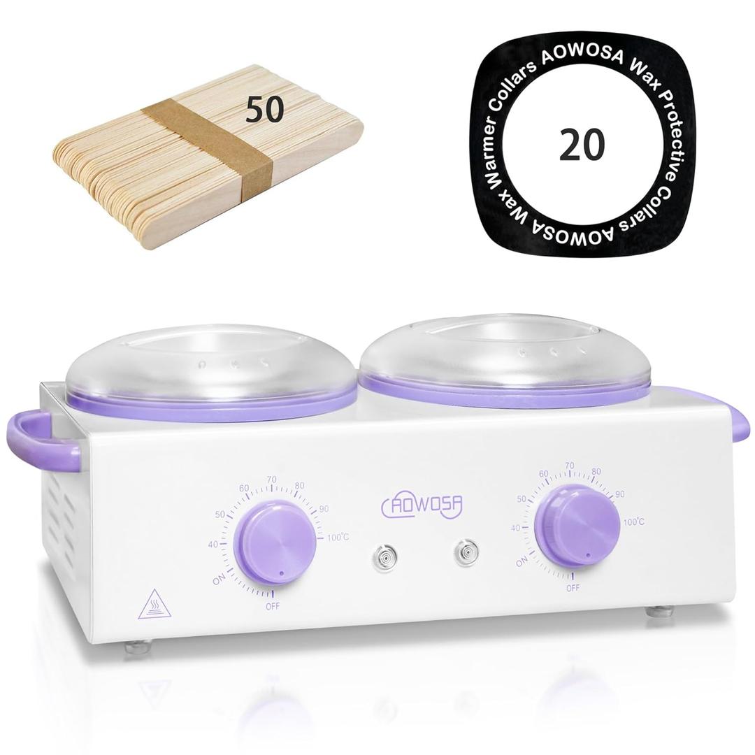 Professional Waxing Kit Wax Warmer Double Pot Wax Heater Machine for Hair Removal, Large Waxing Pot for Spa Salon Beauty Esthetician Home, with Non-Stick Easy Clean Pot, 50 Sticks & 20 Collar, White