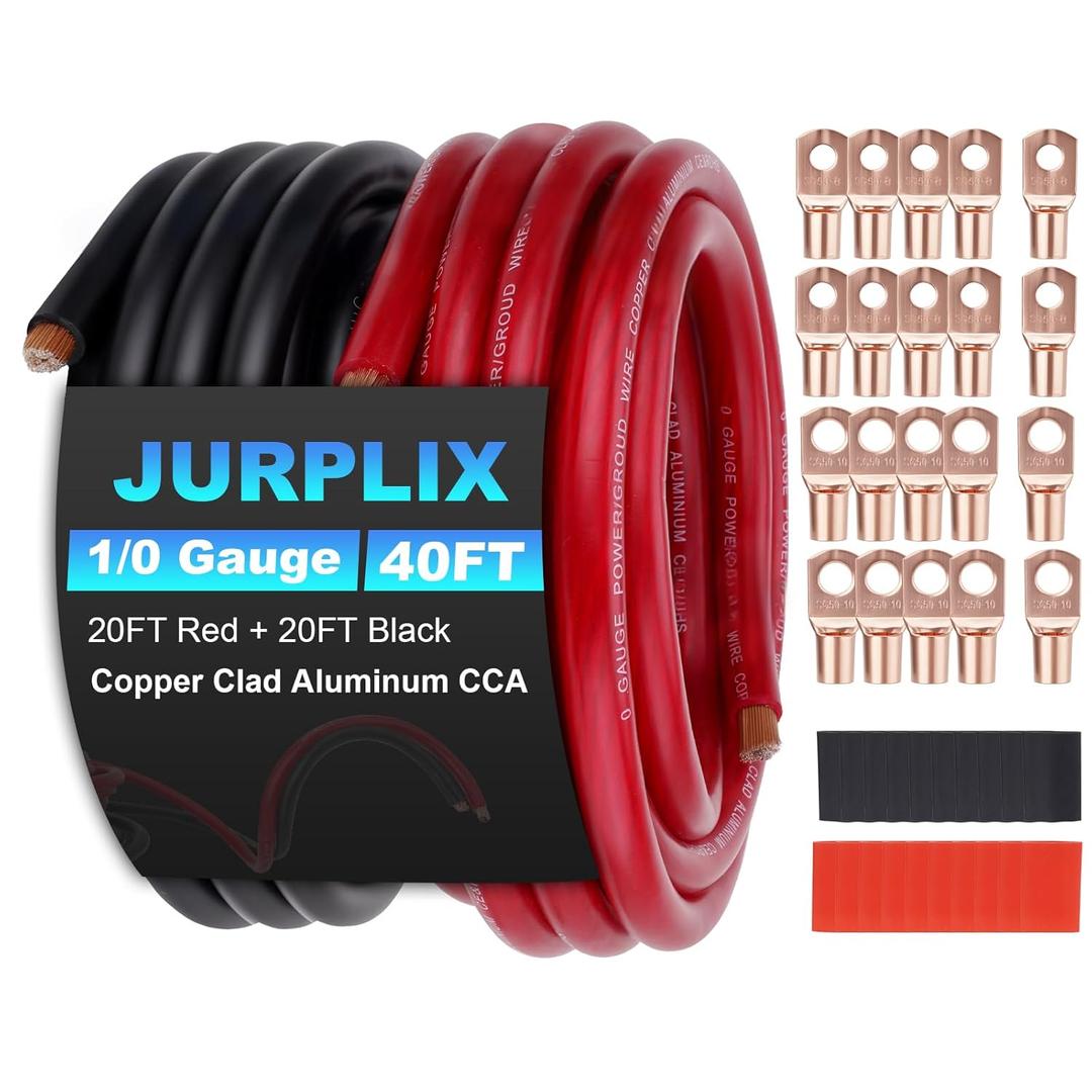 1/0 Gauge Wire 1/0 AWG Battery Cable (20FT Red+20FT Black), Copper Clad Aluminum CCA Amp Wiring Kit, Automotive Wire with Terminals Connectors, for Car Audio Speaker, Marine, RV Trailer