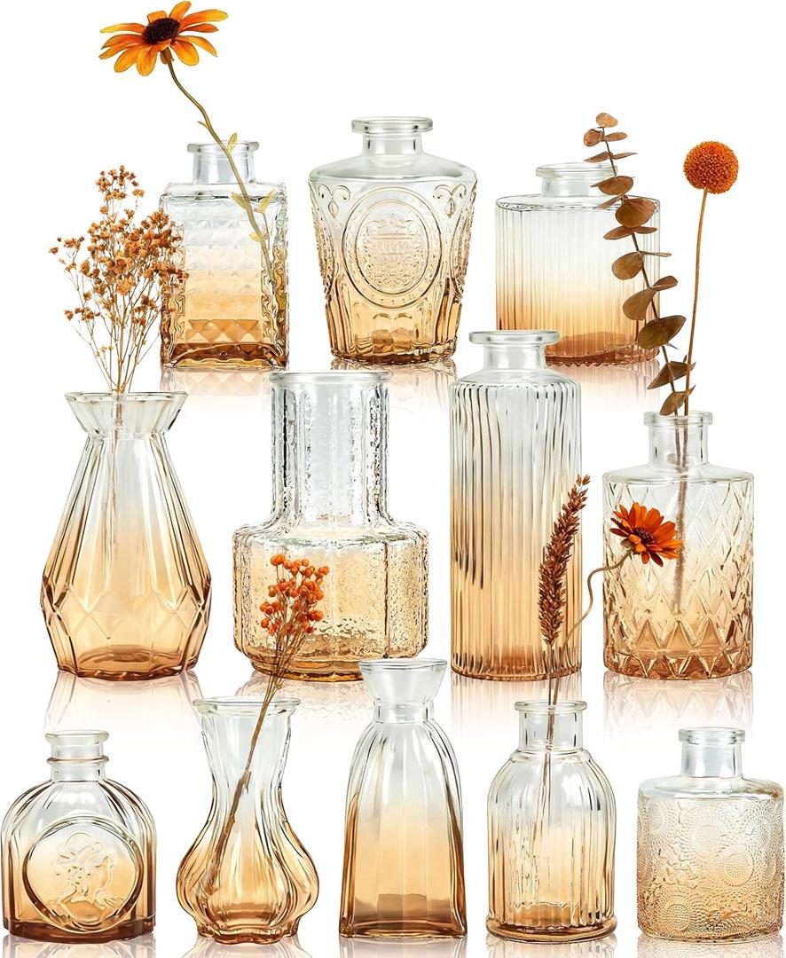 Der Rose Amber Bud Vases in Bulk Glass Vase for Centerpieces Set of 12 Small Flower Vases Mini Vintage Vases for Rustic Wedding, Home Table Decorations