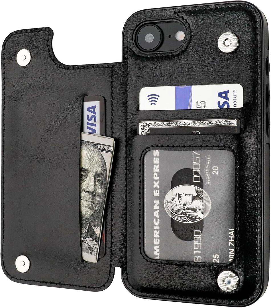 ONETOP Compatible with iPhone 16e Wallet Case with Card Holder, PU Leather Kickstand Card Slots Case, Double Magnetic Clasp and Durable Shockproof Cover 6.1 Inch (Black)