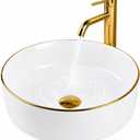 14.2” Round Ceramic Vessel Sink Gold Rim Basin With Pop-Up Drain