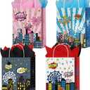 16 Pcs Spider Party Favor Bags with 20 Sheets Tissue Paper, Spider Web Theme Patterns Gift Bags with Handles, Kraft Goodie Candy Treat Bag for Happy Birthday Baby Shower Supplies Decoration (Red/Blue/Pink/Black)