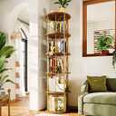 5 Tier Rotating Bookshelf Tower, Revolving Bookcase, 360 Round Spinning Book Shelf, Narrow Swivel Bookshelves Vertical Turning Corner Bookshelf Organizer for Bedroom, Living Room, Gold & Brown