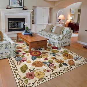 5x8 Machine Washable Area Rug for Living Room, Beige Vintage Boho Floral Rug Large Non-Slip Low Pile Soft Faux Wool Carpet, Kids and Pets Friendly for Bedroom Dining Room Farmhouse Home Decor Rug