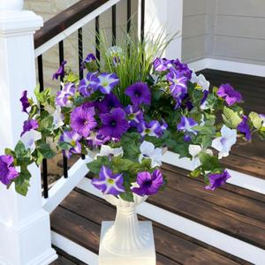Artificial Petunias Flowers Faux Spring Plants for Outdoor Porch Planter, UV Resistant Look Real Faux Silk Purple Morning Glory Hanging Vines for Outside Front Door Patio Decoration, 8 Bundles