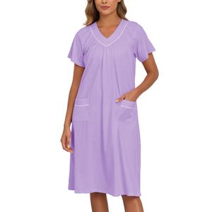 HALCYEEN Nightgowns for Women Soft Victorain Cotton Nightshirts Womens House Sleepwear for Wife with Pockets(Purple,M) (M)