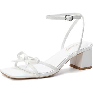 FUTJRNEY Women's Bow Strappy Heels Block Chunky Square Open Toe Low Heels Dress Sandals for Wedding Party(7,White)
