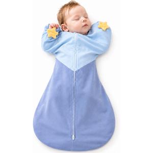 hahaland Sleep Sack, Arms-Up Swaddle, Blue, Newborns 5-8.5 lbs | HEART-SHAPED Sleep Sack with Self-Soothing Toys, Breathable 1.0 TOG Fabric, Quiet Two-Way Zipper, Roomy Leg Space