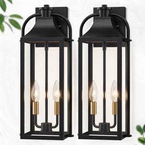 19" Large Porch Lights Outdoor, 2-Light Black Outdoor Wall Light, 2 Pack | Outside Wall Mounted Lighting Fixture with Clear Glass, Waterproof Modern Exterior Farmhouse Wall Lamp for Garage Decor, 19" Ordinary