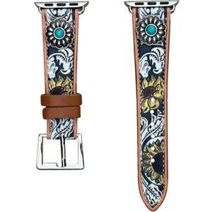 Wonderent Western Watchband for Apple Watch Size 38mm, 40mm, 41mm, 42mm, 44mm, 45mm and Series 9,8,7,6,5,4 and SE (FLOWER CONCHO)
