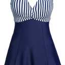 MiYang Women's One Piece High Waist Printing Swim Dress Padded Swimwear (3X-Large, Dark Blue Stripe)