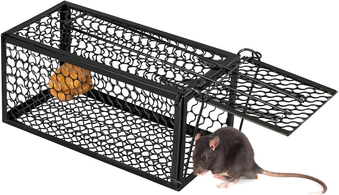 Qualirey 1 Pcs Humane Rat Trap Chipmunk Rodent Mouse Squirrel Trap Small Live Animal Mouse Voles Hamsters Live Cage Rat Cage for Mice Easy to Catch and Release (9.1 x 4.5 x 4.5 Inches,Black)