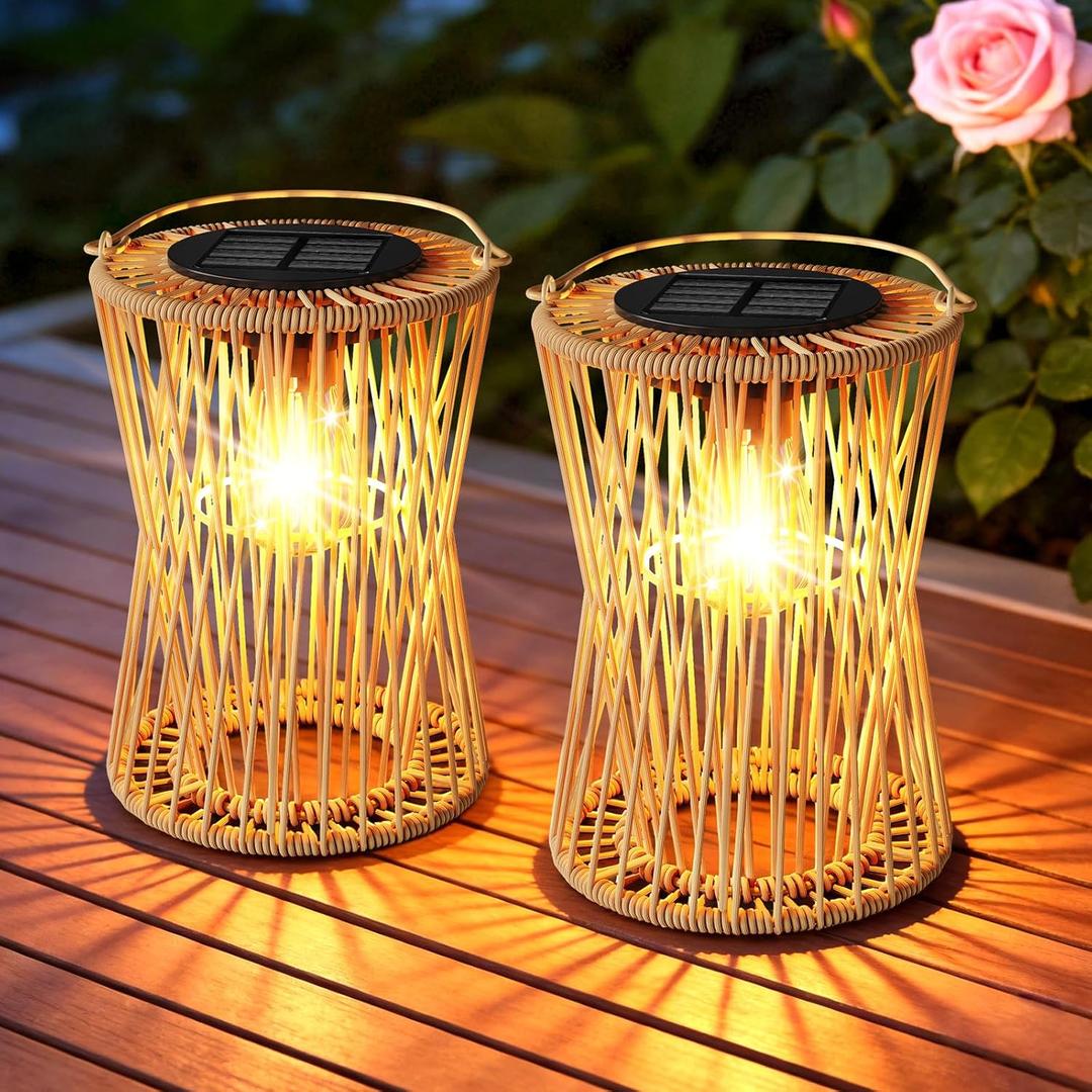 Solar Lanterns Outdoor Waterproof 2 Pack, Upgraded Rattan Hanging Solar Lights for Outside with Handle, Bright Auto On/Off Decorative Outdoor Lanterns for Patio Garden Yard Porch, Gifts for Mom