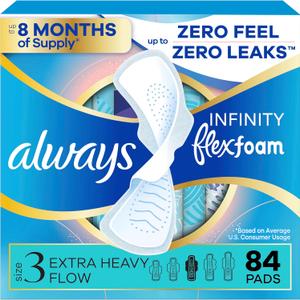 Always Infinity Feminine Pads for Women, Flexfoam Pads with Wings, Size 3, Extra Heavy Absorbency, Unscented, 84 Count (3 Packs of 28)
