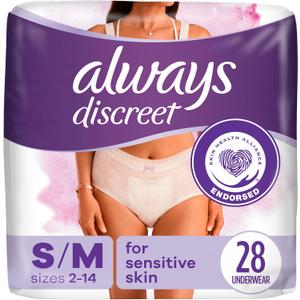 2 x Always Discreet for Sensitive Skin Underwear, Four Times Skin Protection, Dermatologically Tested, Fragrance-Free, Maximum Absorbency, Small/Medium, 28 Count