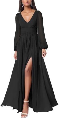 Firfig Women Mesh Deep V Neck Open Back Sheer Long Sleeve Slit Leg Bridesmaid Maxi Dress Cocktail Party Wedding Guest Dresses, M