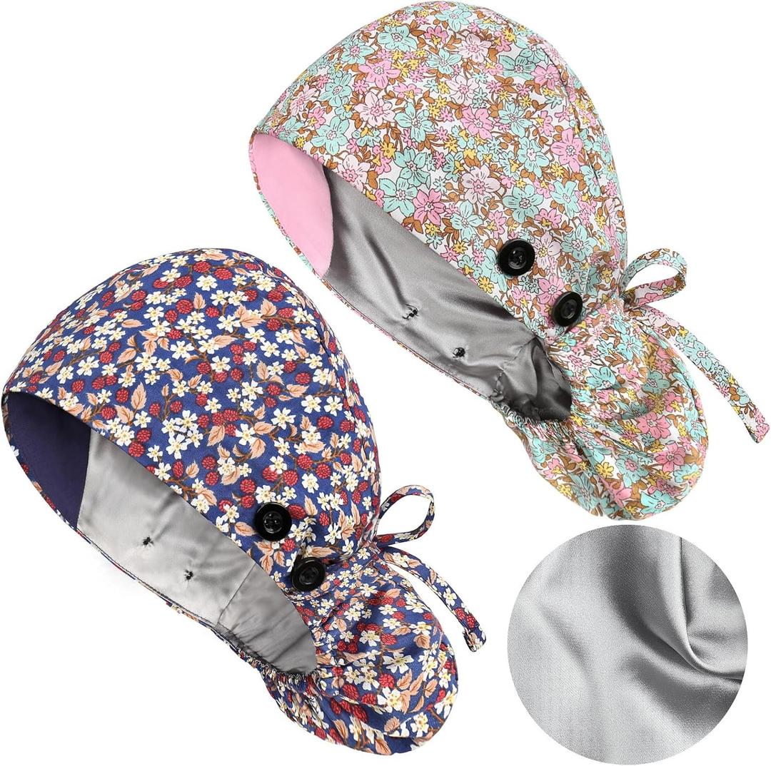 Satin Lined Scrub Caps with Buttons & Sweathand, Surgical Caps for Women