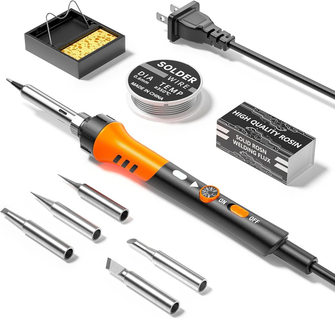 60W Adjustable Temperature Soldering Iron Kit - 9-in-1 With 5 Tips, Solder Wire Stand for Soldering and Repair (Orange)
