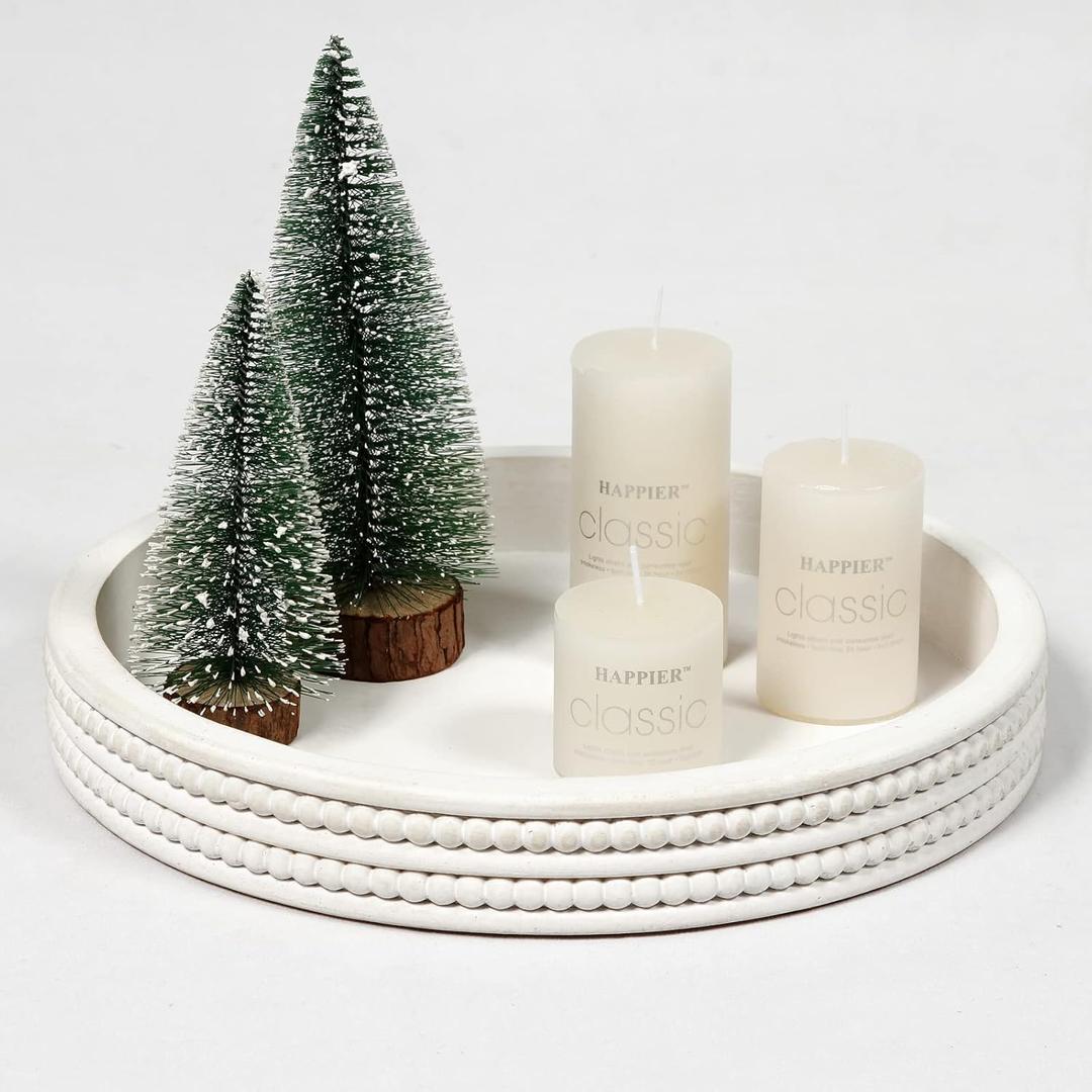 Carah & Cossh 12'' Round Wooden Tray, Whitewashed Round Decorative Wood Tray, Farmhouse Rustic Decorative Tray(Whitewash)