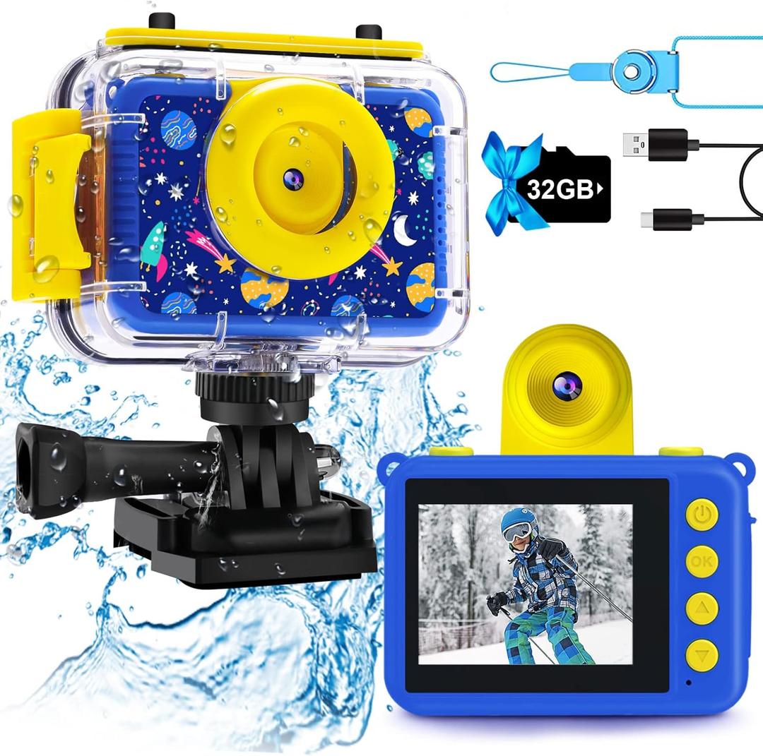 GKTZ Kids Camera - Waterproof Underwater Camera for Kids, Christmas Birthday Gifts for Boys Age 3-12, 1080P HD Children Digital Action Camera, Pool Toys for Kids Age 4-12 (Dark Blue)