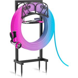 Garden Hose Holder, 4 Spikes Freestanding Water Hose Holder Reels, Heavy Duty Detachable Hose Stand with Storage Basket for Outside Yard Lawn (A-4 Spikes)