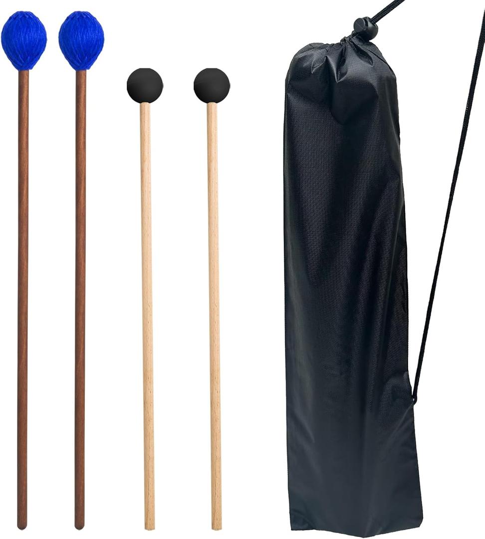 Drum Mallets Kit 2 Pairs Rubber and Yarn Marimba Mallets with Drumsticks Bag, Percussion instrument Accessories for Steel Drum, Bass, Cymbals, Glockenspiel, Xylophone Mallets for Beginners