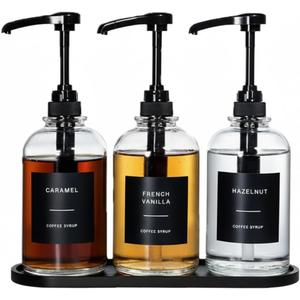 Coffee Syrup Dispenser for Coffee Bar, Glass Syrup Bottle with 1/4 oz Large Capacity Pump, Syrup Pump Dispenser with Pump for Coffee Station, Black with Tray,16.9oz, Set of 3