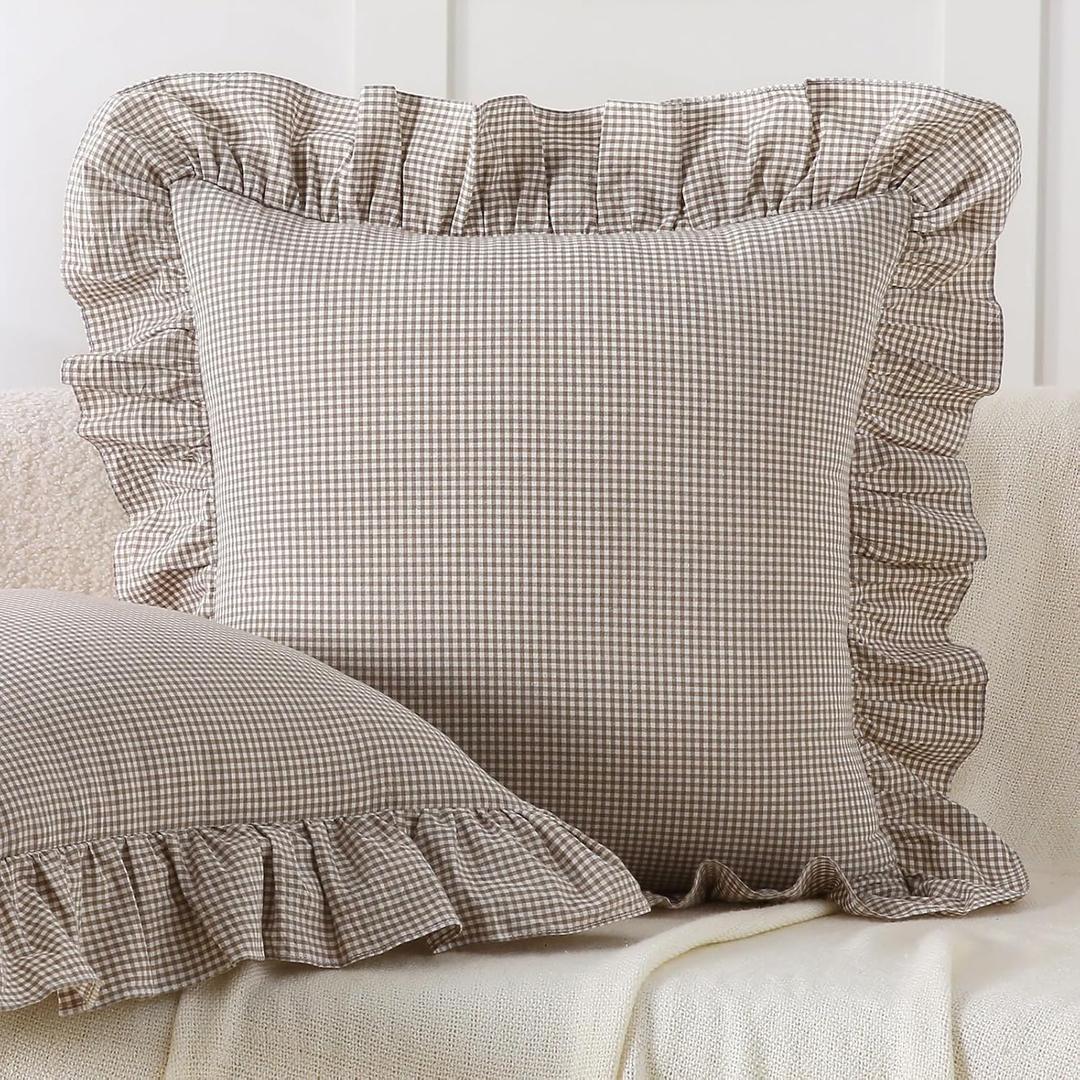 Aryeleay 2 Pack Brown White Plaid Gingham Ruffle Pillow Shams, 100% Washed Cotton Checkered Farmhouse Pillow Covers for Bed/Sofa-20 x20