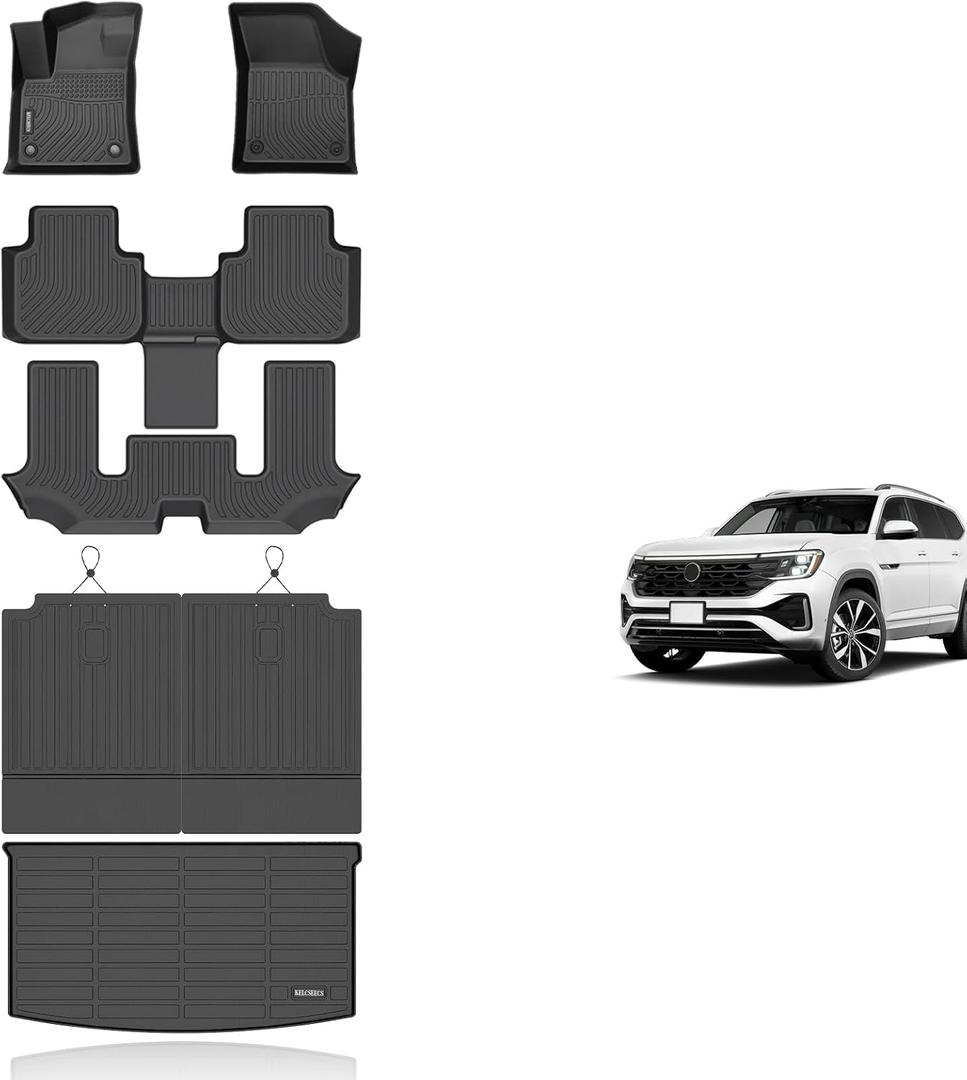 KELCSEECS® Floor Mats & Cargo Liner Custom for Volkswagen Atlas 2026 2025 2024-2018 6 Passenger Bucket,All Weather Protection Anti-Slip TPE Floor Liners Full Set Volkswagen Atlas Accessories Black