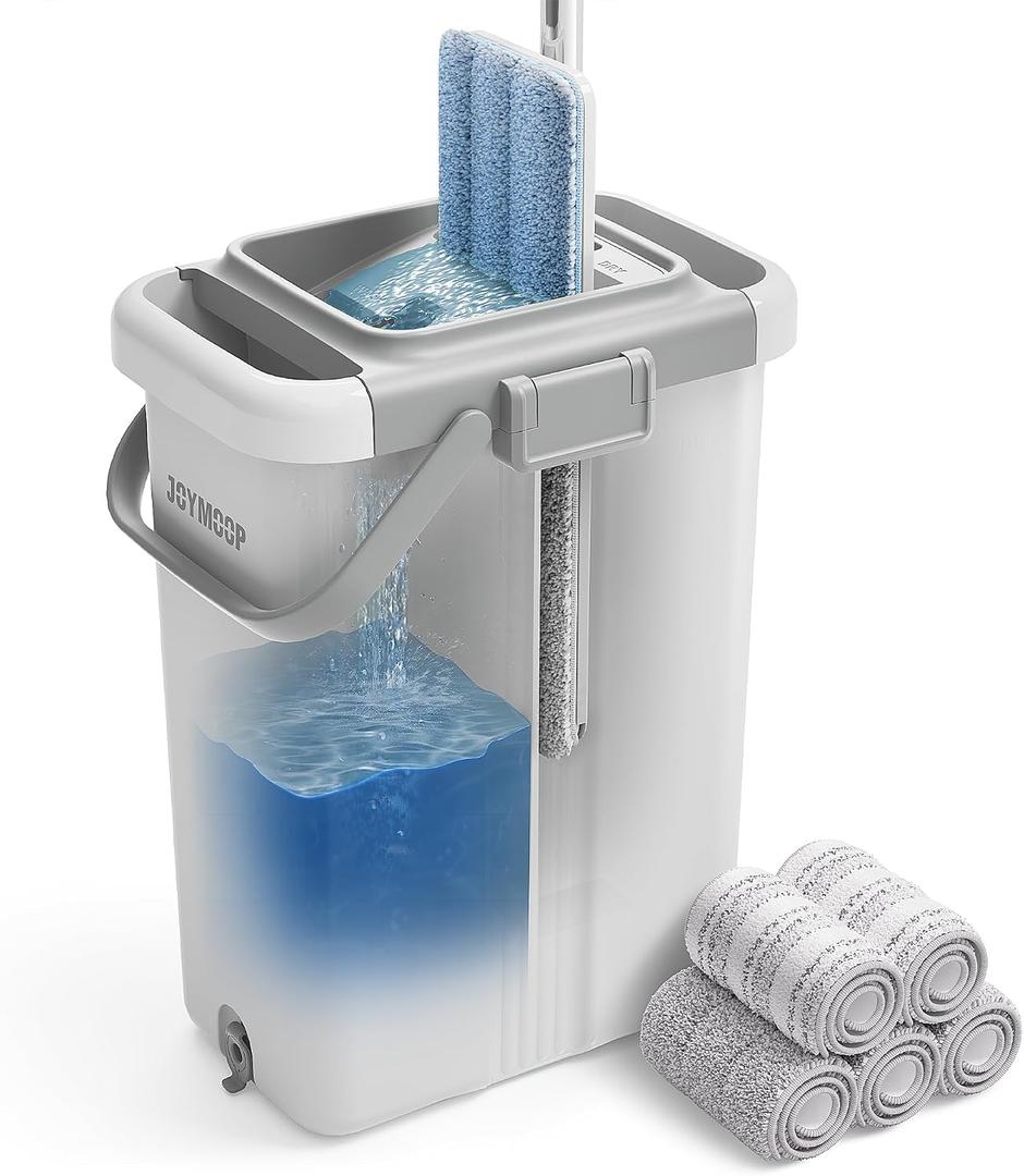 JOYMOOP Mop and Bucket Set Hands-Free Flat Floor Mop for Household and Commercial Use, with 3 Washable Microfiber Pads, Wet and Dry Cleaning System, Ideal for Home and Office Floors