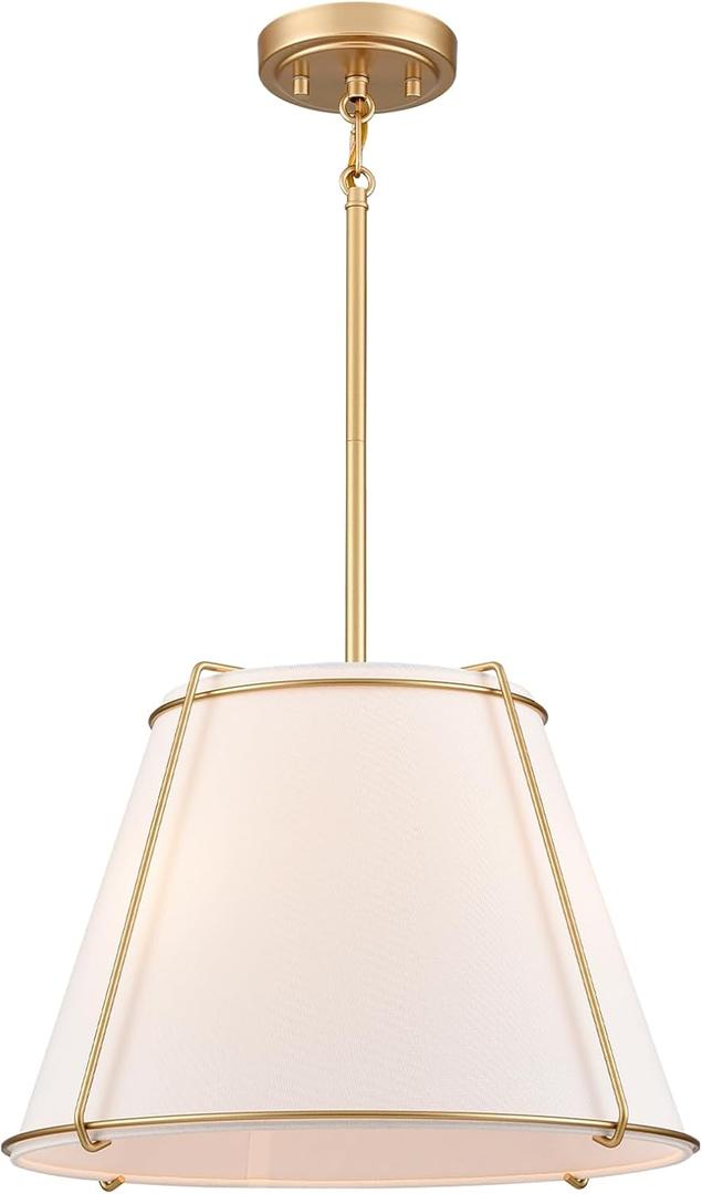 Cone Pendant Light Fixture with Metal Lantern Fabric Drum Shade 16" White and Gold Chandeliers for Kitchen Dining Room Living Room Bedroom, 16" x 9.5" x 42"