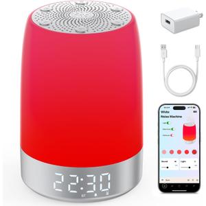 Smart Red Light Therapy Lamp & Sleep Sound Machine for Bedroom with Alarm Clock, 32 White Noises Sound Machine, Night Light with App Control, 5-Level Red Light (620690nm), 2600mAh BatteryLarge