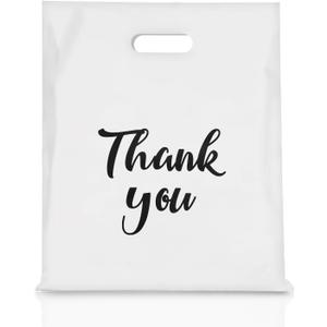 White Thank You Bags with Handles 100 Pack, 12 x 15 Inch 4.73 Mils Extra Thick Shopping Bags, Merchandise Retail Bags for Small Business Bulk (White)