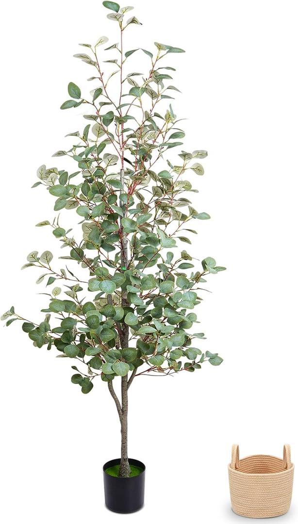 Artificial Eucalyptus Tree 6FT, Faux Eucalyptus Trees with Woven Basket & Natural-Looking Wood Trunk, Lush Realistic Leaves, Maintenance-Free Fake Eucalyptus Plants for Indoor Home Office Decor