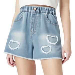 Curipeer Girls Jean Shorts, Distressed Elastic Waist with Pockets | Soft Breathable Durable Cotton, Ripped Patch Summer Fall Daily Denim Jorts, Little Kids Teen Girl