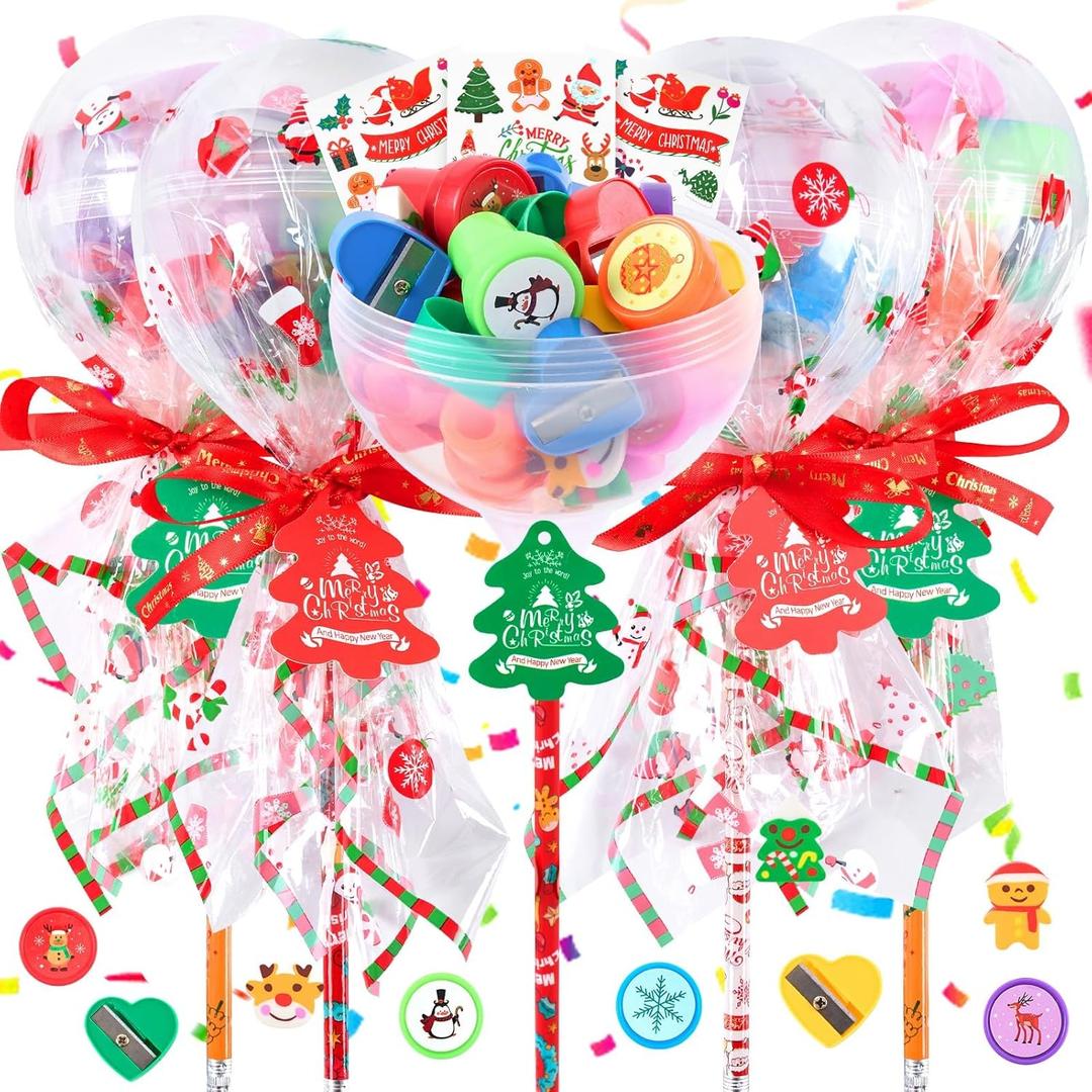 ARQRHTLY 19Pcs Christmas Giant Lollipop Container, Christmas Stationery Goodie Bags, Exchange Gifts with Cards Pencils Stickers for Kids Students Classroom School Party Favors Prizes Rewards