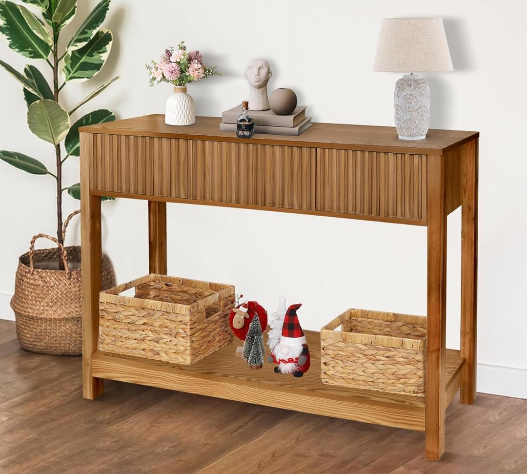 Fluted Console Table with Storage, 48" Long Entryway Slim Sofa Table Behind Couch Entry Tables, Narrow Wood Hallway Modern Living Room Couch Foyer Entrance Tables Brown