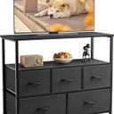 DUMOS TV Stand Dresser for Bedroom with 5 Fabric Drawer,Entertainment Center for 45 inch Television, Media Console Table with Storage, Open Shelf, Adjustable Feet, Living Room Furniture, Black